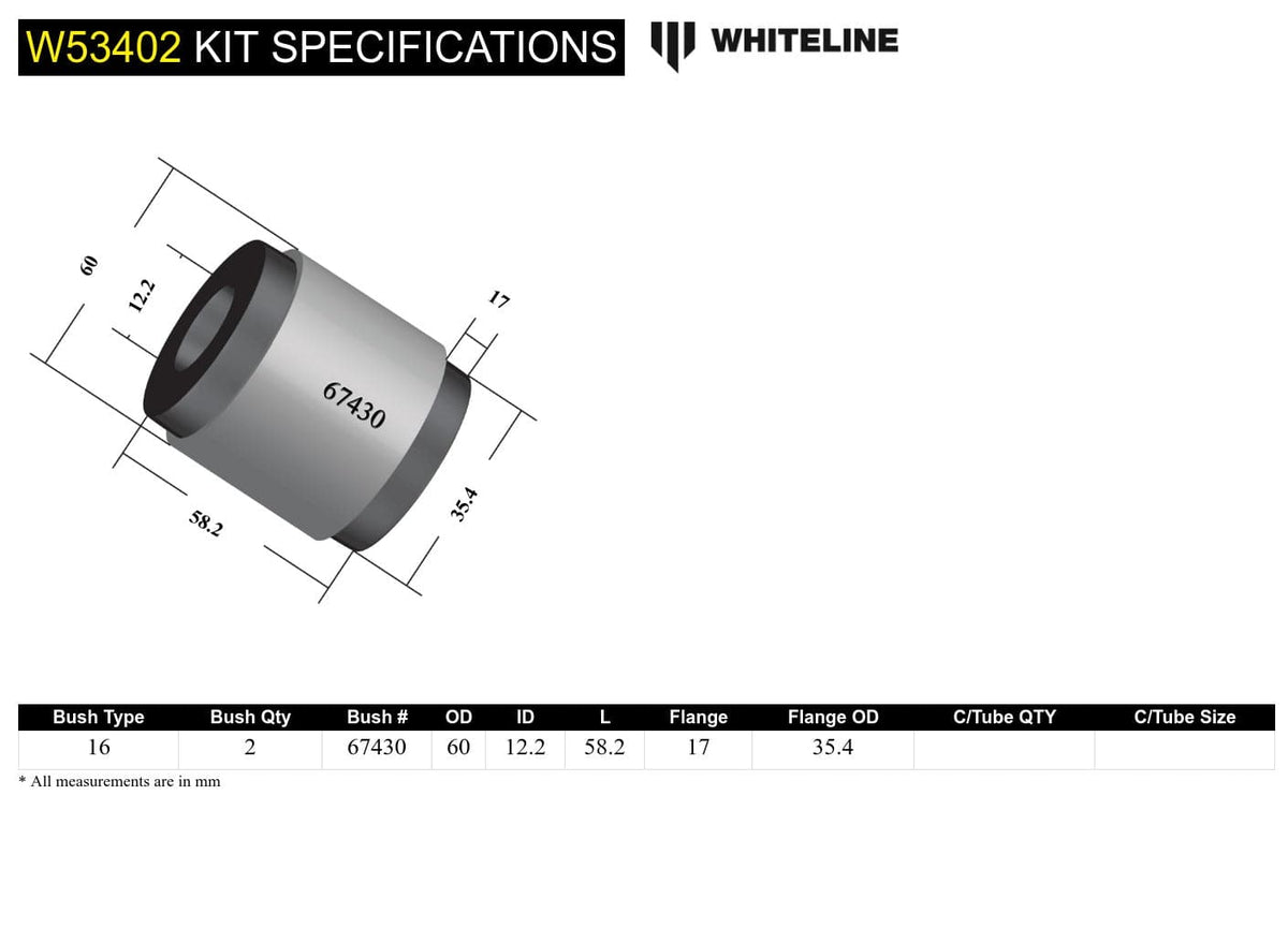 Whiteline 7 x 14 x 20 cm / Standard Alignment - vertical mount Front Control Arm Lower - Inner Rear Bushing Kit to Suit Holden Astra TR, TS SR