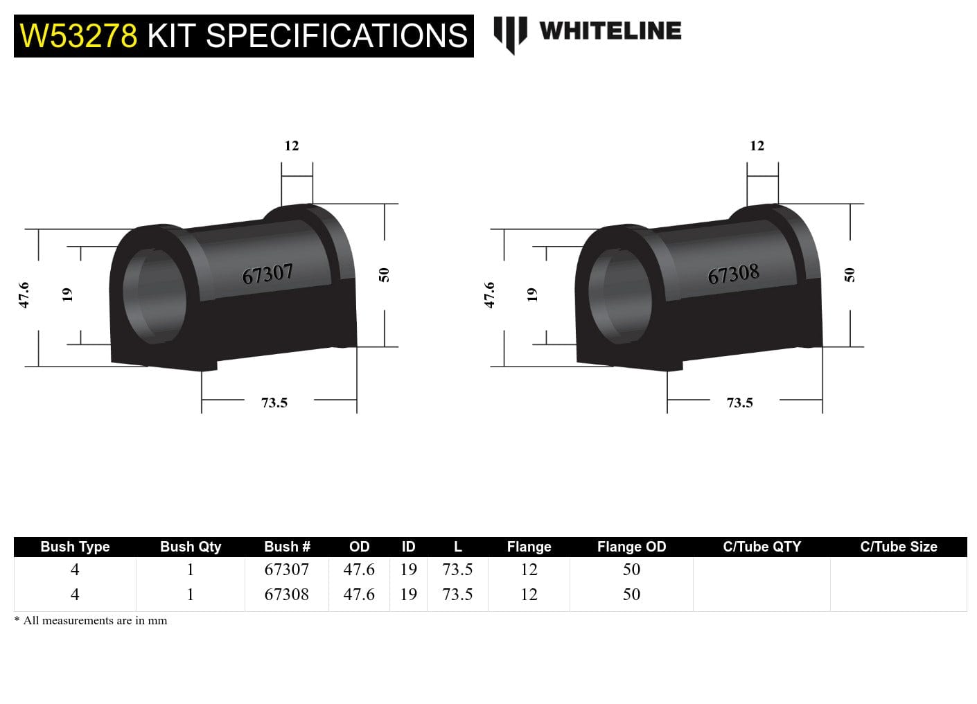 Whiteline 7 x 14 x 20 cm / Steering-Pull Correction - adds +0.5deg caster Front Control Arm Lower - Inner Rear Bushing Single Offset Kit to Suit Nissan Elgrand E50 and Pathfinder R50 SR