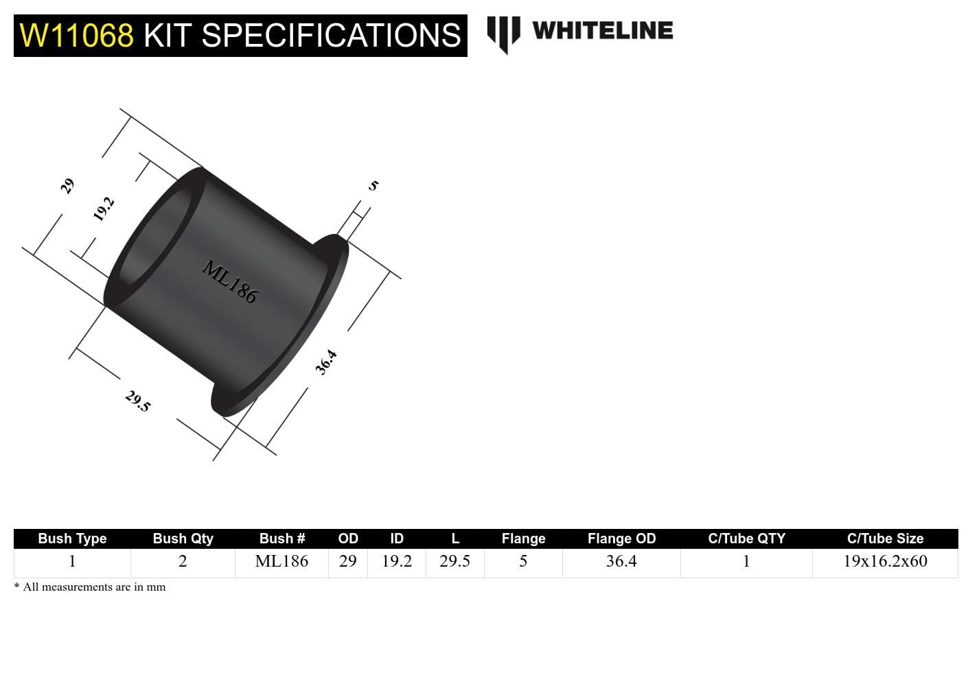 Whiteline 7 x 14 x 20 cm / Straight bushing design Front Steering Idler Arm - Bushing Kit to Suit Toyota Corona and HiLux SR