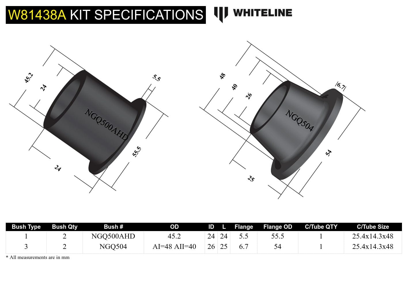 Whiteline 7 x 14 x 20 cm / Straight bushing x 1, tapered bushing x 1 - suits models to - 1989 Rear Panhard Rod - Bushing Kit to Suit Nissan Patrol GQ and Ford Maverick DA SR
