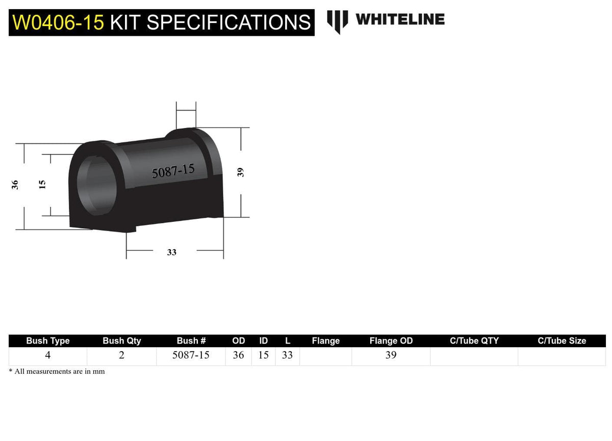 Whiteline 7 x 14 x 20 cm / Suits models MY03 - on Rear Sway Bar Mount - Bushing Kit 15mm to Suit Subaru Impreza GD incl WRX/STi and Liberty BE SR