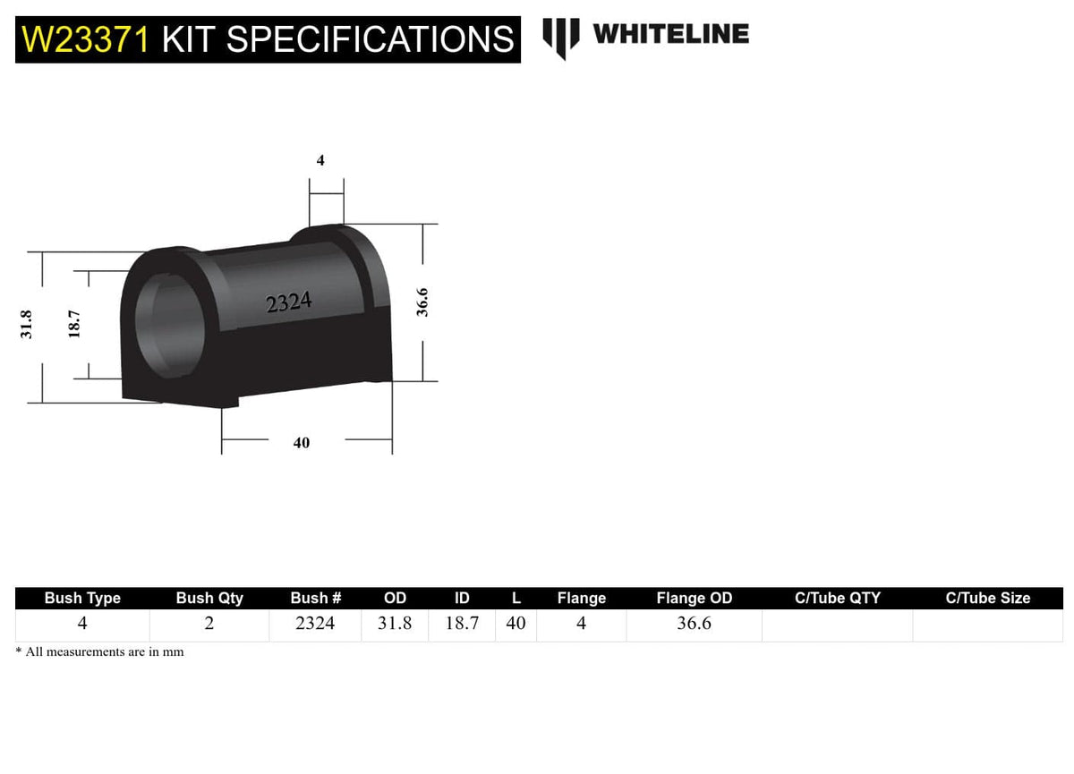 Whiteline 7 x 14 x 20 cm / Suits models to - 07/1987 - 32mm saddle height Sway Bar Mount - Bushing Kit 19mm to Suit Toyota Cressida, HiAce, Land Cruiser and Rav 4 SR