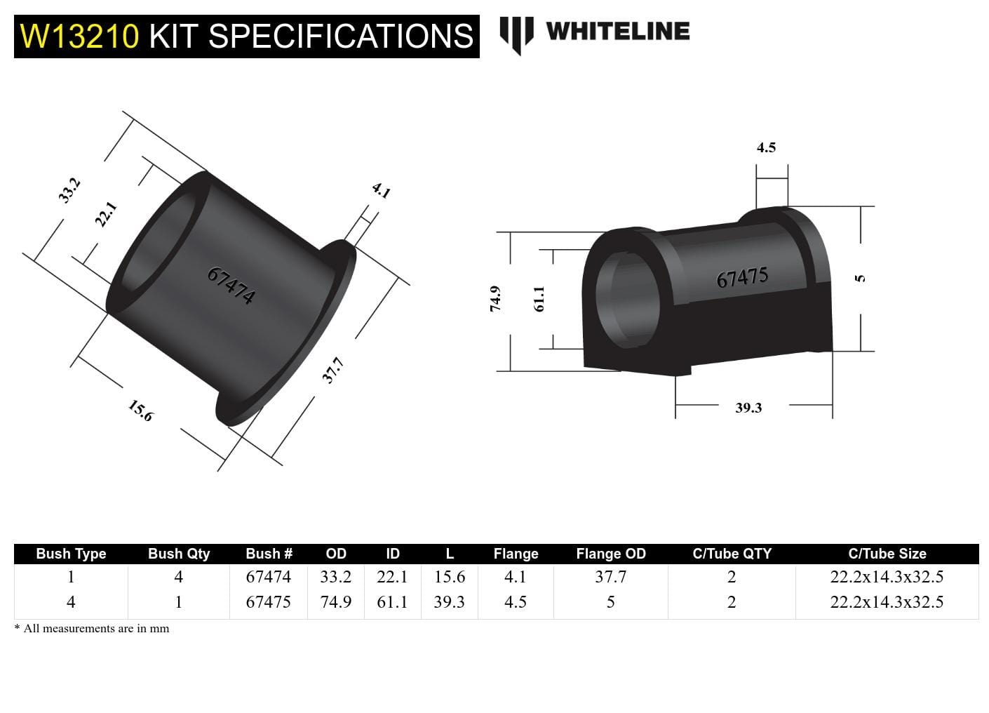Whiteline 7 x 14 x 20 cm / Suits models to - 09/2002 Front Steering Rack and Pinion - Mount Bushing Kit to Suit Toyota Land Cruiser 100 Series IFS SR