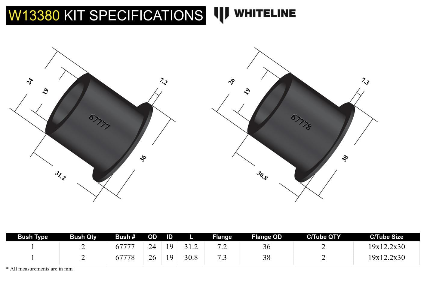 Whiteline 7 x 14 x 20 cm / Suits models to - 10/2003 Front Steering Rack and Pinion - Mount Bushing Kit to Suit Toyota Avensis Verso ACM20 SR