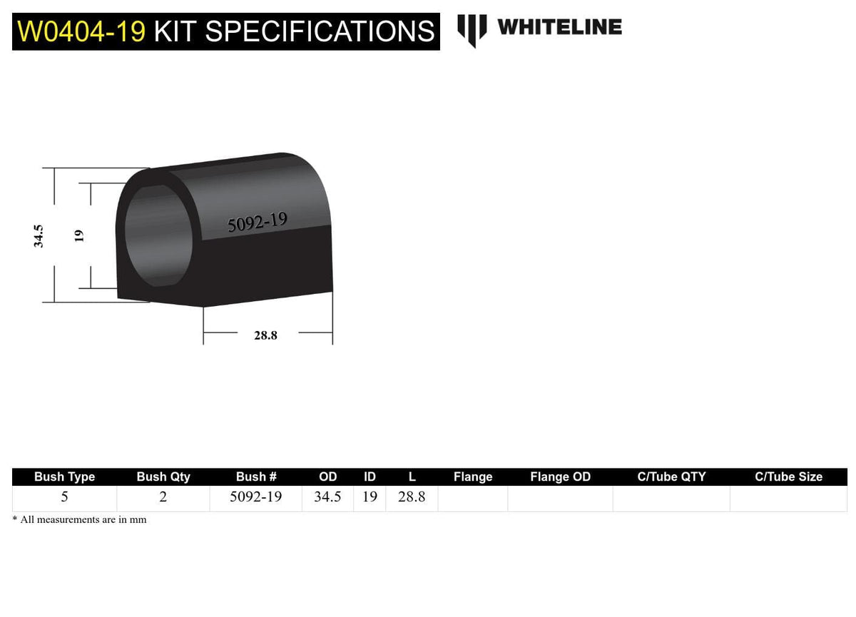 Whiteline 7 x 14 x 20 cm / Suits models to - MY02 Sway Bar Mount - Bushing Kit 19mm to Suit Subaru Forester, Impreza, Liberty and Outback SR