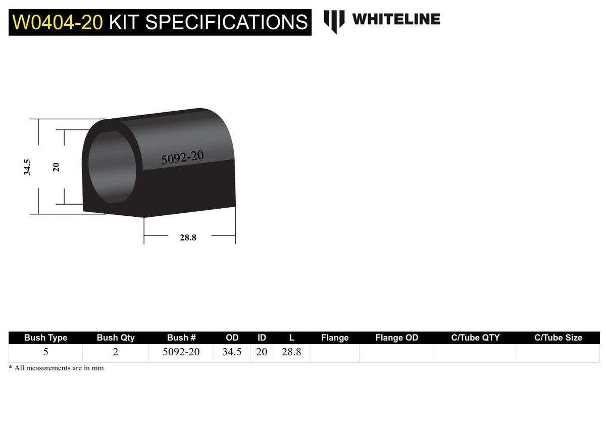 Whiteline 7 x 14 x 20 cm / Suits models to - MY02 Swy Bar Mount - Bushing Kit 20mm to Suit Subaru Forester, Impreza, Liberty and Outback SR