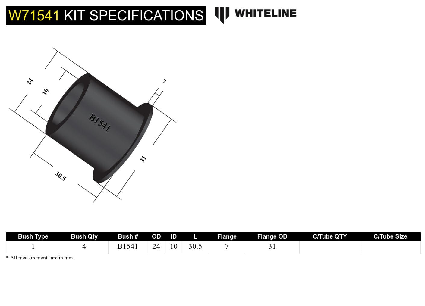 Whiteline 7 x 14 x 20 cm / Suits sedan and coupe models Rear Leaf Spring - Rear Eye Bushing Kit to Suit Mazda 808 FA3 and RX-3 SR