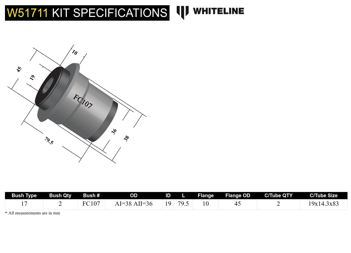 Whiteline 7 x 14 x 20 cm / Suits TF models Front Control Arm Lower - Inner Bushing Kit to Suit Ford Cortina TE, TF SR