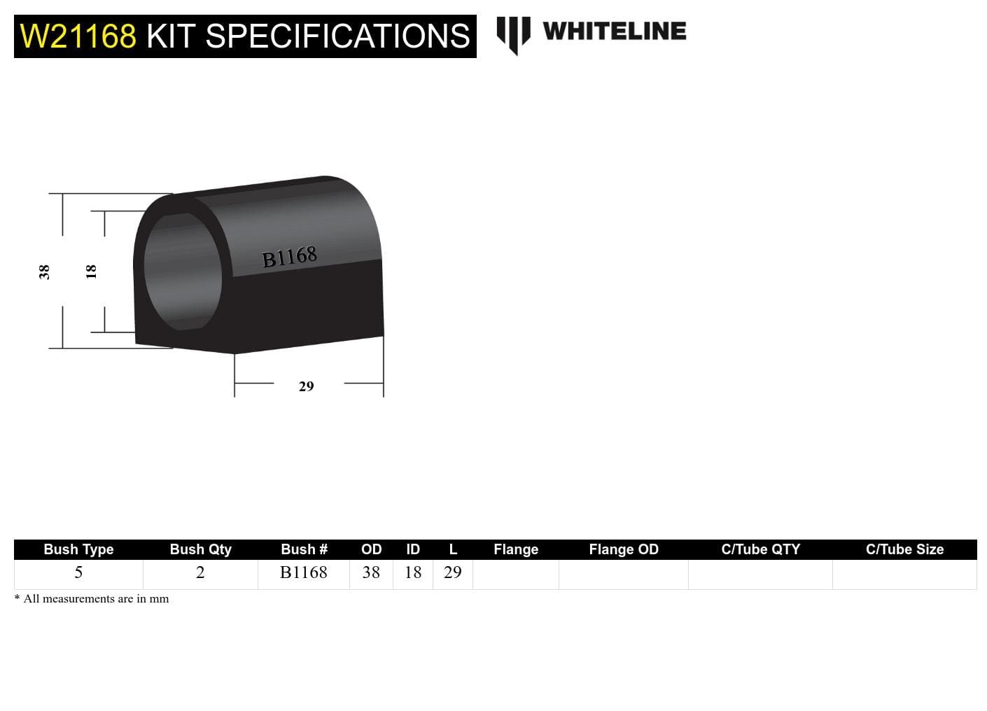 Whiteline 7 x 14 x 20 cm Sway Bar Mount - Bushing Kit 18mm to Suit Holden Commodore VB-VS, EK-WB and HSV SR