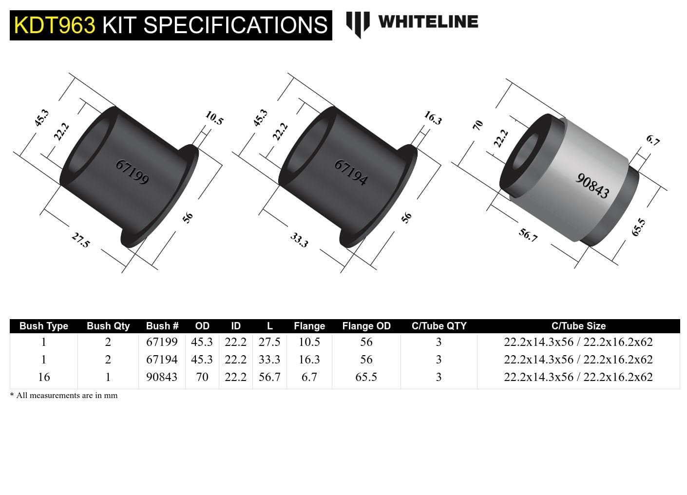 Whiteline 7 x 20 x 26 cm Rear Differential Mount - Bushing Kit to Suit Mitsubishi Lancer Evolution X SR