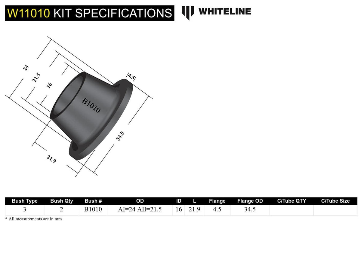 Whiteline Suits models with chassis No. LA4MS737269 - on Front Steering Idler Arm - Bushing Kit to Suit Chrysler, Mazda, Mitsubishi and Nissan SR