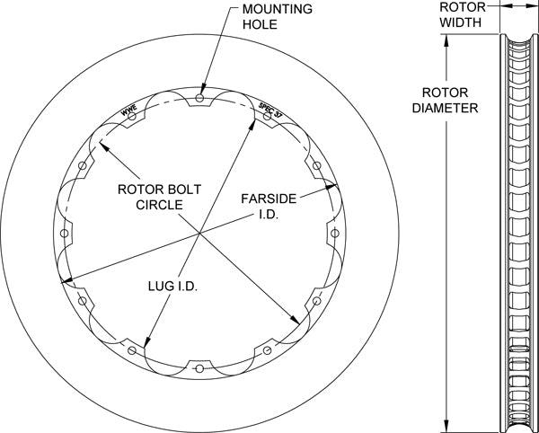 Wilwood 13.06" O.D x 1.25" Thick, 0.251" Hole Size, 12 x 8.75" Bolt Circle, 8 Wilwood HD 48 Curved Vane Rotor R/H WB160-12786 SR