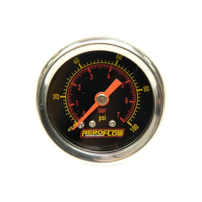 Aeroflow Fuel Systems AF30-2005 1-1/2" 100 psi Pressure Gauge
Black Face with Orange Pointer. 1/8" NPT Male Thread SR