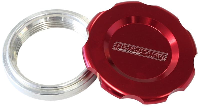 Aeroflow Performance 1-1/2" Female weld-on bung, includes Buna N & EPR O-rings. Red Cap Aeroflow Low Profile Billet Aluminium Filler Cap & Bung AF465-24R SR