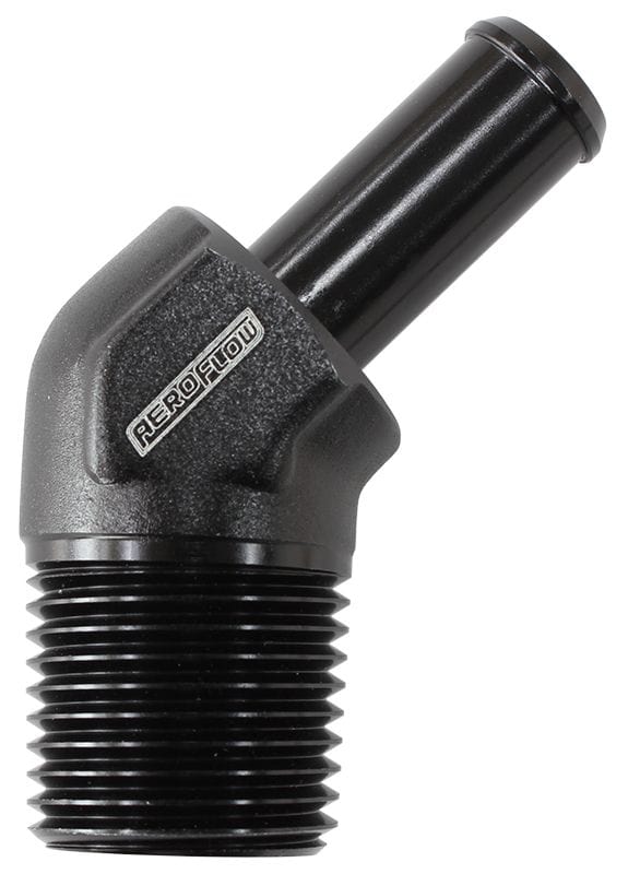 Aeroflow Performance 1/2" NPT to -8 100/450 series Hose, Black Finish Aeroflow Male NPT to 45° AN Hose Barb AF845-08-08ANBLK SR
