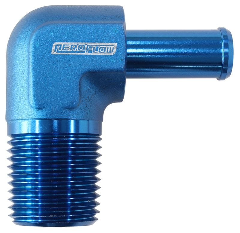 Aeroflow Performance 1/2" NPT to -8 100/450 series Hose, Blue Finish Aeroflow Male NPT to 90 Deg AN Hose Barb AF842-08-08AN SR