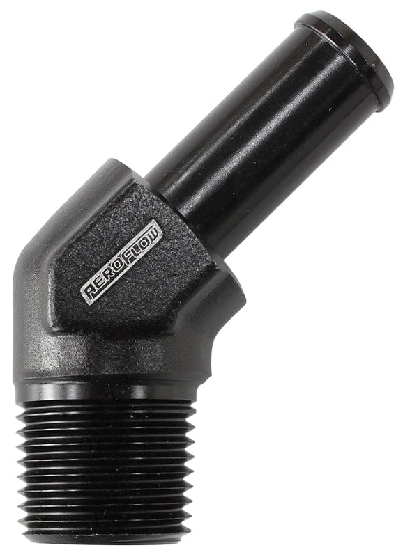 Aeroflow Performance 1/8" NPT to -4 100/450 series Hose, Black Finish Aeroflow Male NPT to 45° AN Hose Barb AF845-04ANBLK SR