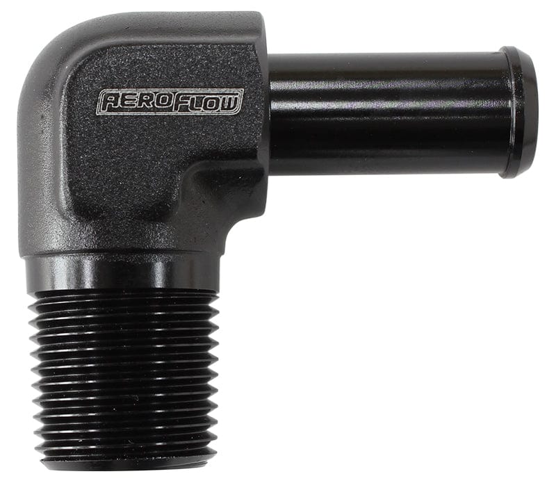 Aeroflow Performance 1/8" NPT to -4 100/450 series Hose, Black Finish Aeroflow Male NPT to 90 Deg AN Hose Barb AF842-04ANBLK SR