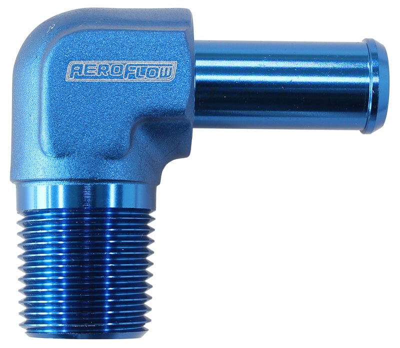 Aeroflow Performance 1/8" NPT to -4 100/450 series Hose, Blue Finish Aeroflow Male NPT to 90 Deg AN Hose Barb AF842-04AN SR