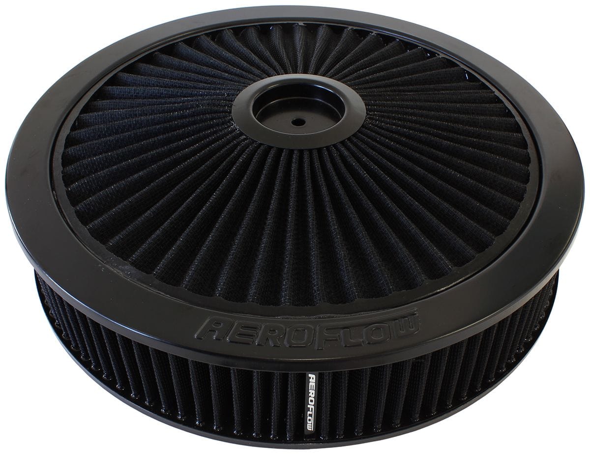 Aeroflow Performance 14" x 3", 7-5/16" neck,Flat Base with black washable cotton element Aeroflow Black Full Flow Air Filter Assembly AF2251-3079 SR