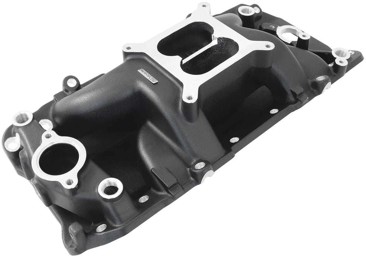 Aeroflow Performance 1500 - 6500 RPM, Square Bore Carburettor Pad, Non-EGR Aeroflow BB Chev Air Gap Dual Plane Intake Manifold, Black Finish AF6211-1001 SR