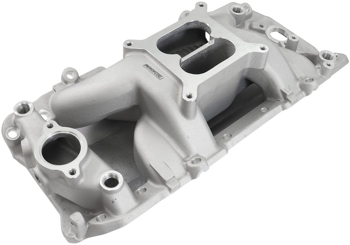 Aeroflow Performance 1500 - 6500 RPM, Square Bore Carburettor Pad, Non-EGR Aeroflow BB Chev Air Gap Dual Plane Intake Manifold, Natural Cast Finish AF6011-1001 SR
