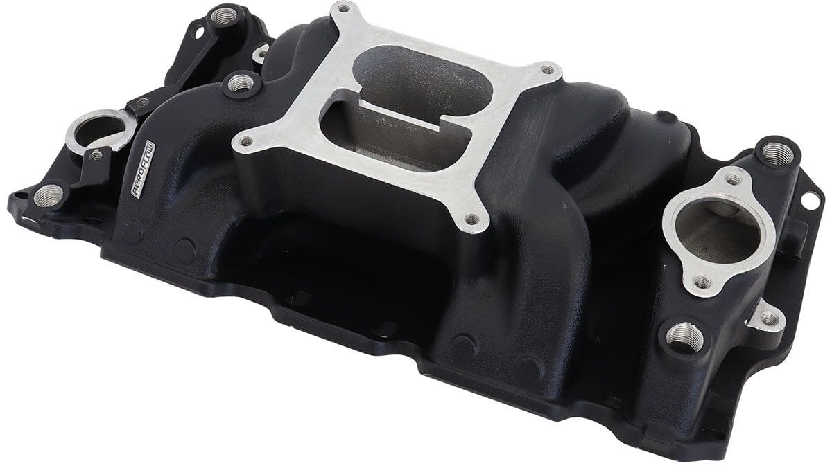 Aeroflow Performance 1500 - 6500 RPM, Square Bore Carburettor Pad, Non-EGR Aeroflow SB Chev Air Gap Dual Plane Intake Manifold, Black Finish AF6210-1001 SR