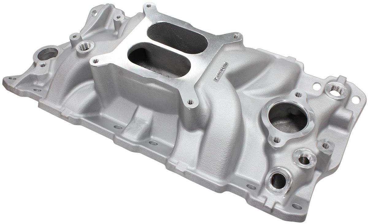 Aeroflow Performance 1500 - 6500 RPM, Square Bore Carburettor Pad, Non-EGR Aeroflow SB Chev Street Dual Plane Intake Manifold, Natural Cast Finish AF6010-1000 SR