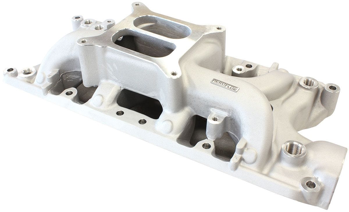 Aeroflow Performance 1500 - 6500 RPM, Square Bore Carburettor Pad, Non-EGR Aeroflow SB Ford 289-302 Windsor Air Gap Dual Plane Intake Manifold, Natural Cast Finish SR