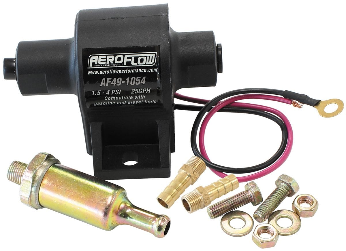 Aeroflow Performance 25 GPH @ 4 Psi, 1/8" NPT Inlet/Outlet With 100 Micron 5/16" Barb Fuel Aeroflow Super Low Pressure In-Line Carburettor Fuel Pump AF49-1054 SR