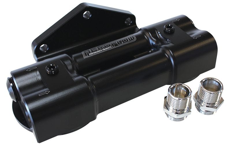 Aeroflow Performance 3/4" -16 Filter Thread with 2 x -8 Port Plugs Included Aeroflow Dual Billet Remote Filter Head - Side Entry AF64-2089 SR