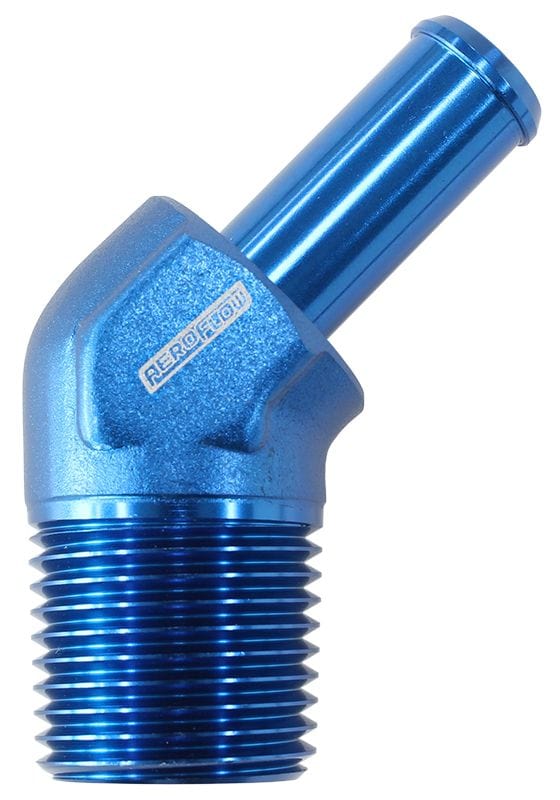 Aeroflow Performance 3/8" NPT to -6 100/450 series Hose, Blue Finish Aeroflow Male NPT to 45° AN Hose Barb AF845-06-06AN SR