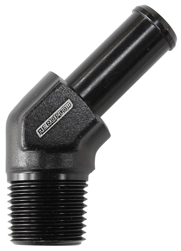 Aeroflow Performance 3/8" NPT to -8 100/450 series Hose, Black Finish Aeroflow Male NPT to 45° AN Hose Barb AF845-08ANBLK SR
