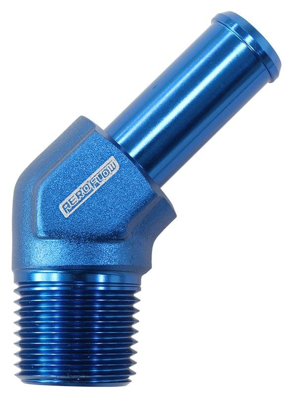 Aeroflow Performance 3/8" NPT to -8 100/450 series Hose, Blue Finish Aeroflow Male NPT to 45° AN Hose Barb AF845-08AN SR