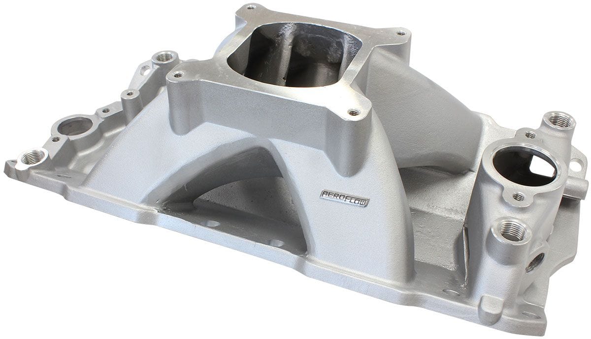 Aeroflow Performance 3000 - 7500 RPM, Square Bore Carburettor Pad, Non-EGR Aeroflow SB Chev Hi-Rise Single Plane Intake Manifold, Natural Cast Finish AF6001-1000 SR