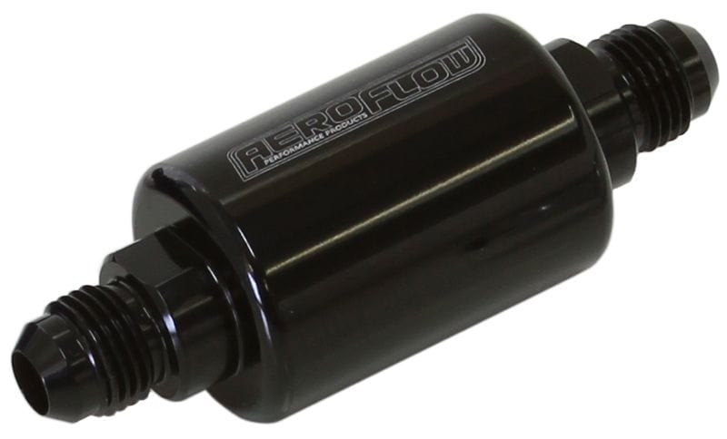 Aeroflow Performance 40 micron Stainless Steel element, 1.25" x 3" L, Black finish Aeroflow Billet Fuel Filter -6AN AF66-2052BLK SR