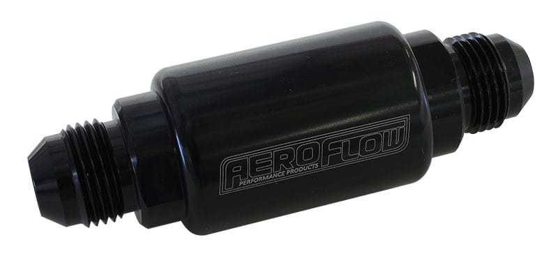Aeroflow Performance 40 micron Stainless Steel element, 1.25" x 3" L, Black finish Aeroflow Billet Fuel Filter -8AN AF66-2053BLK SR