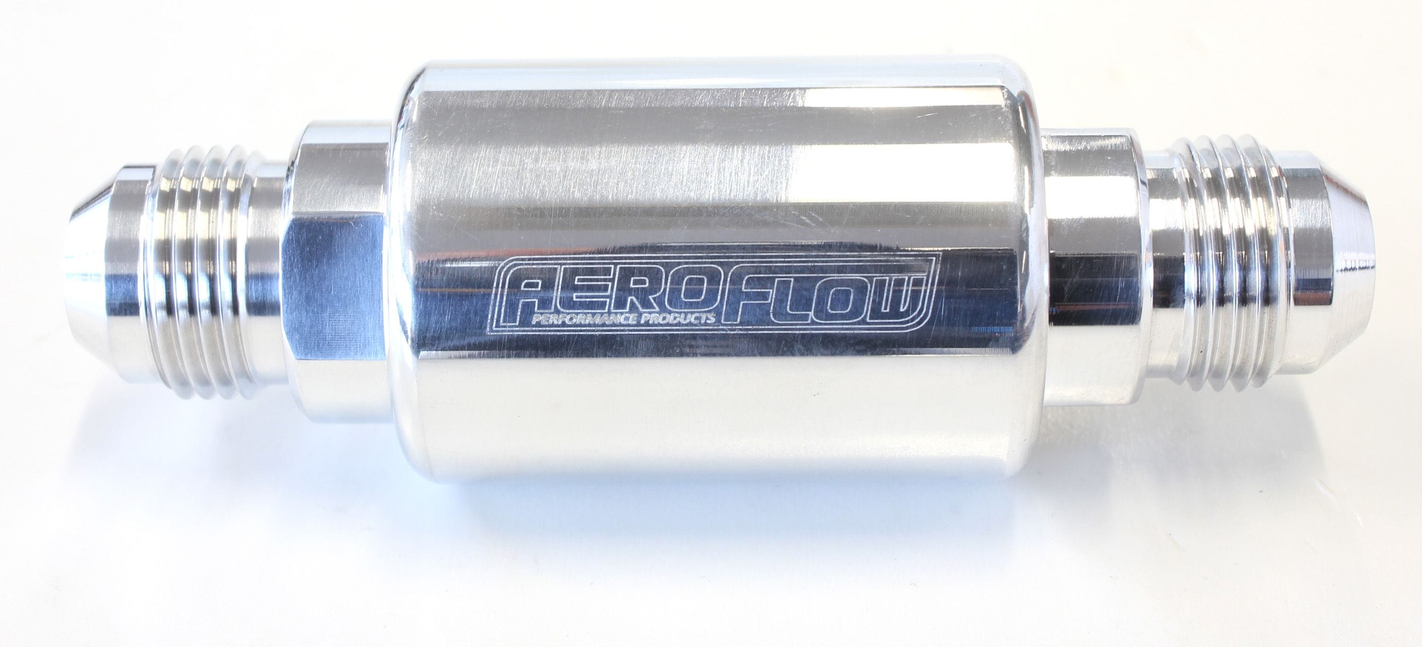 Aeroflow Performance 40 micron Stainless Steel element, 1.25" x 3" L, Polished finish Aeroflow Billet Fuel Filter -8AN AF66-2053P SR