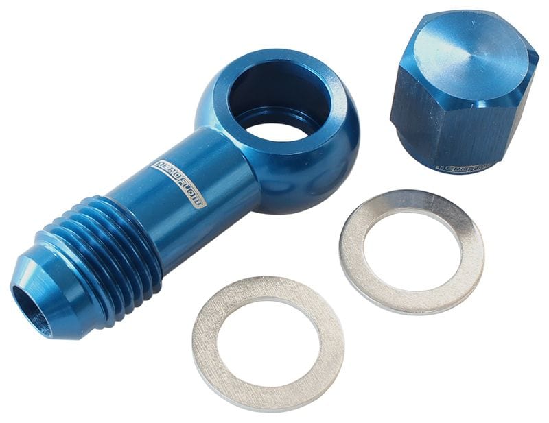 Aeroflow Performance -6AN, Includes Banjo Fitting & Cap Aeroflow 90° Fuel Pump Banjo Kit - Blue AF49-1034 SR