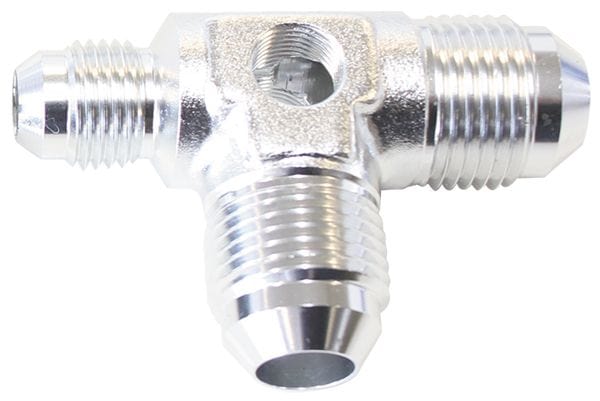 Aeroflow Performance -8AN x 2, -6AN x 1, Silver Finish Aeroflow Flare AN Stepped Tee with 1/8" NPT Ports AF824-06-08S SR