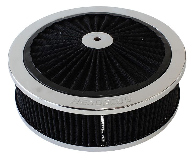 Aeroflow Performance 9" x 2-3/4", 5-1/8" neck, black washable cotton element Aeroflow Chrome Full Flow Air Filter Assembly with AF2851-3150 SR