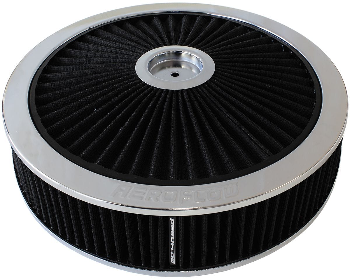 Aeroflow Performance Air Filters AF2851-3079 Chrome Full Flow Air Filter Assembly
14" x 3", 7-5/16" neck,Flat Base with black washable cotton element SR