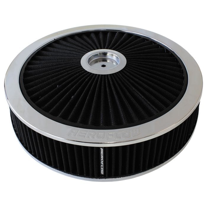 Aeroflow Performance Air Filters AF2851-3080 Chrome Full Flow Air Filter Assembly
14" x 4", 7-5/16" neck,Flat Base with black washable cotton element SR