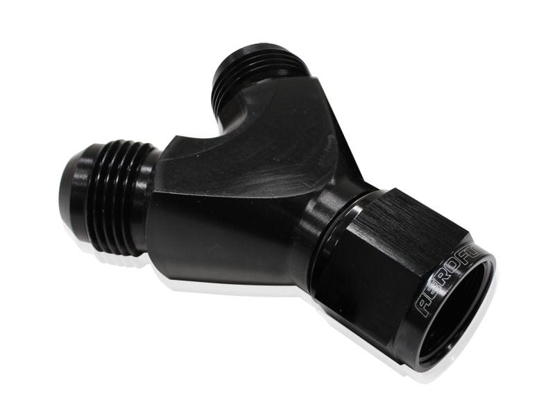 Aeroflow Performance Black Finish. 1 x -10AN Female, 2 x -8AN Male Aeroflow Billet Y-Block with Female Flare AF931-10-08BLK SR