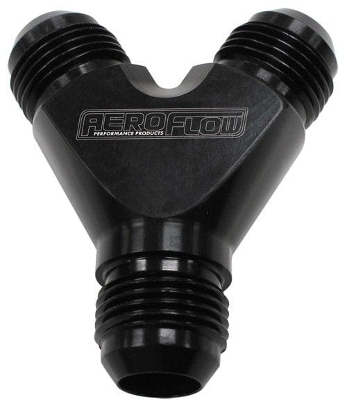 Aeroflow Performance Black Finish. 1 x -6AN Male, 2 x -4AN Male Aeroflow Billet Y-Block AF930-06-04BLK SR