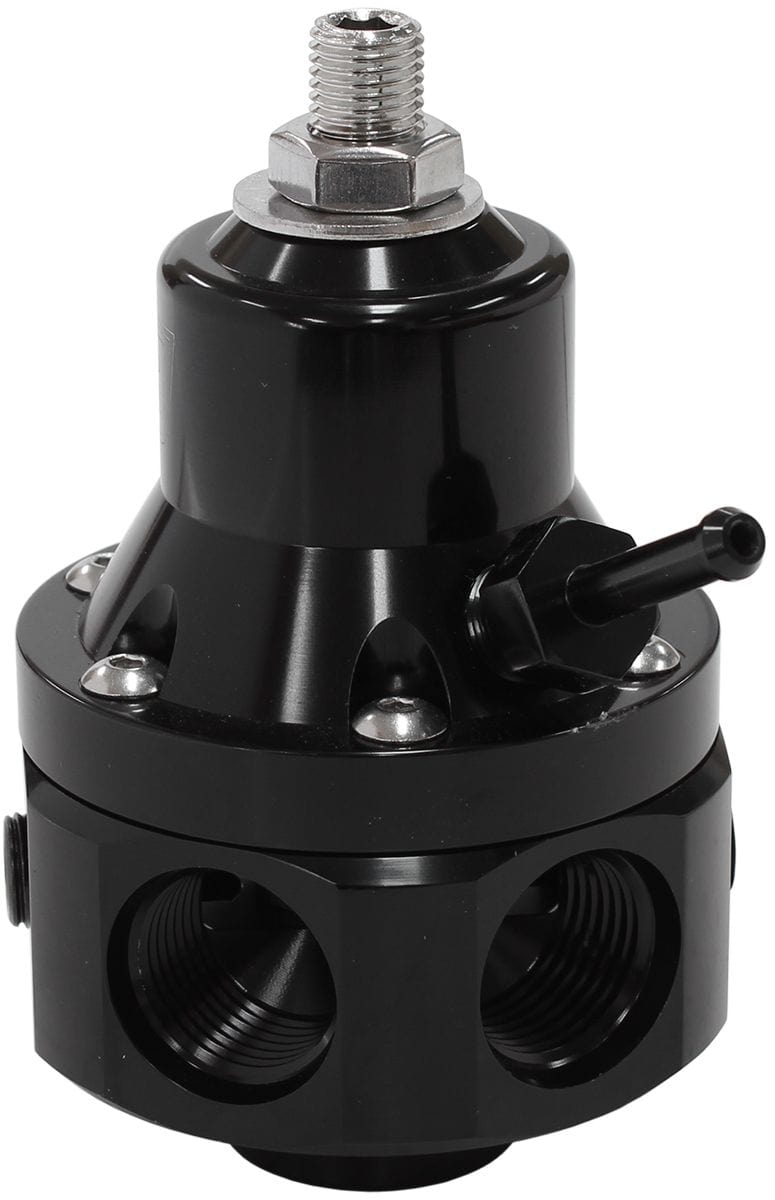 Aeroflow Performance Black Finish. 4 x -8ORB Ports, 1 x -8ORB Return and 2 x 1/8" NPT Ports Aeroflow 4-Port 2000hp Billet Fuel Pressure Regulator 35-85psi Adjustable AF66-2060BLK SR