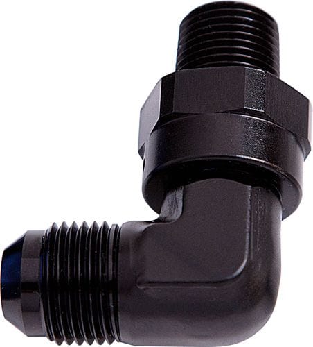 Aeroflow Performance Black Finish Aeroflow 90° NPT Swivel to Male AN Flare Adapter 1/4" to -8AN AF922-08-04BLK SR