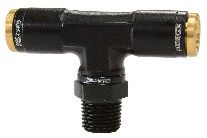 Aeroflow Performance Black Finish. Suits 120 Series Nylon Hose Aeroflow 120 Series 1/8" NPT to 1/4" Push to Connect Tee Fitting AF124-04-02BLK SR
