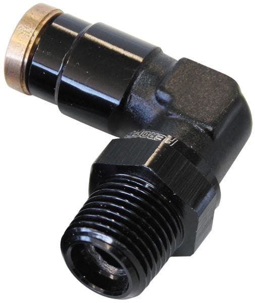 Aeroflow Performance Black Finish. Suits 120 Series Nylon Hose Aeroflow 120 Series 90° 1/4" NPT to 1/4" Push to Connect Fitting AF123-04BLK SR