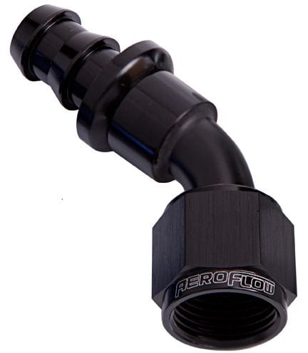 Aeroflow Performance Black Finish. Suits 400 & 500 Series Hose Aeroflow 400 Series Push Lock 45° Hose End -6AN AF402-06BLK SR